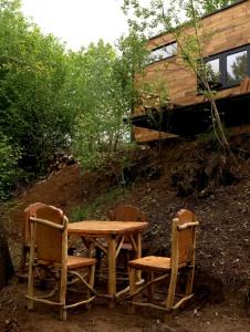 einen Holztisch und zwei Stühle neben einer Hütte in der Unterkunft Coniferis in Tomnatic