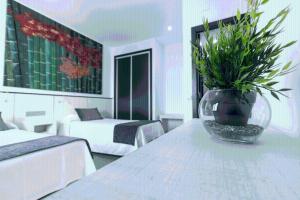 una sala de estar con un jarrón con una planta en Hostal El Yunque en Conil de la Frontera