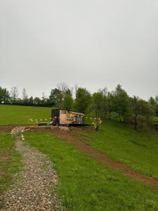 ein Haus auf einem Feld neben einer unbefestigten Straße in der Unterkunft Coniferis in Tomnatic