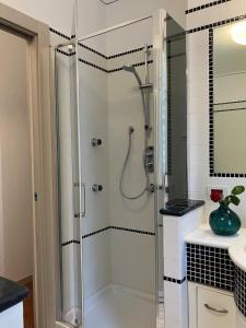 a shower with a glass door in a bathroom at relaxing green panorama in Margno