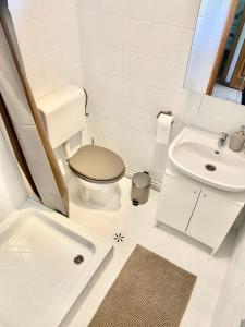 La salle de bains blanche est pourvue de toilettes et d'un lavabo. dans l'établissement Erdősor út Vendégház, à Piliscsaba