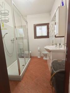 een badkamer met een douche, een toilet en een wastafel bij Casa vacanze Le Gardenie in Conegliano