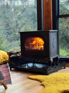 una chimenea en una habitación junto a una ventana en Ayder Dağ Evi en Ayder Yaylasi