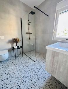 Un baño con ducha, inodoro y lavabo. en Clouds Apartments Čiovo - 20 meters from Copacabana beach, en Trogir