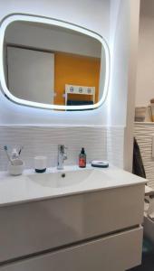a bathroom with a white sink with a mirror at La Ciotat, appartement rénové en bord de mer in La Ciotat