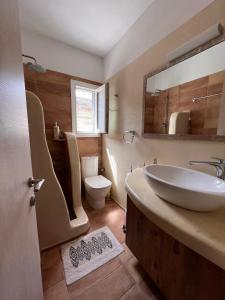 a bathroom with a sink and a toilet and a mirror at Lighthouse View Syros in Azolimnos Syros