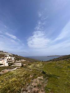 uma colina relvada com casas e o oceano ao fundo em Lighthouse View Syros em Azolimnos