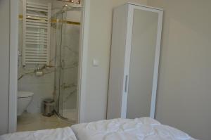 a bathroom with a shower and a toilet and a bed at Apartament Magurka 1 in Rycerka Górna