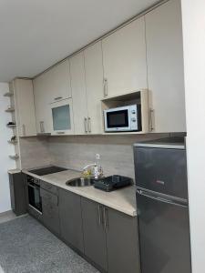 eine Küche mit einer Spüle und einer Mikrowelle in der Unterkunft Apartman Nada de lux in Vrnjačka Banja