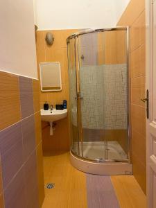 a bathroom with a shower and a sink at Centrum Hostel in Pécs