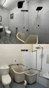 twee foto's van een badkamer met toilet en wastafel bij Ruwa Homestay in Jitra