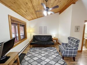 a living room with a couch and a tv at Columbine B Cabin Suite in Woodland Park