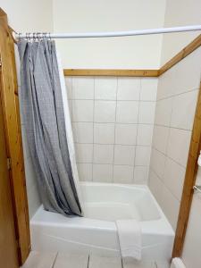 Columbine B Cabin Suite في وودلاند بارك: حمام مع حوض استحمام ودش