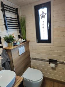 La salle de bains est pourvue de toilettes et d'une fenêtre. dans l'établissement Mariolas Tinyhouse, à Markt Nordheim