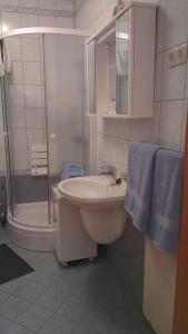 a bathroom with a sink and a shower at Apartment Cizici ,Best Place 100m zum Meer, Soline bay, insel-krk,de in Čižići