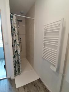 a bathroom with a shower with a shower curtain at Jungle Zen Beau T2 avec jardin Gare 100m in Tonneins