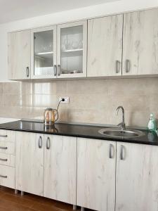 una cocina con armarios blancos y fregadero en Surčin Apartment en Ledine