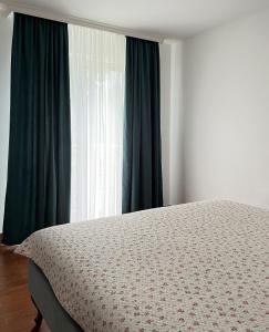 een slaapkamer met een bed en een groot raam bij Surčin Apartment in Ledine