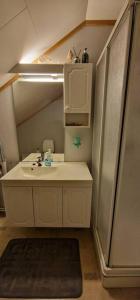 a small bathroom with a sink and a shower at Central apartment with a view! in Harstad
