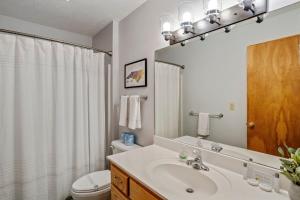 a bathroom with a sink and a toilet and a mirror at Skyledge in Beech Mountain +32 photos
