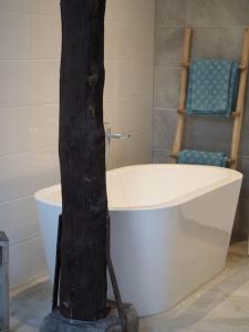 ein Badezimmer mit einer weißen Badewanne neben einem Baum in der Unterkunft Schaapskooi in Dwingeloo