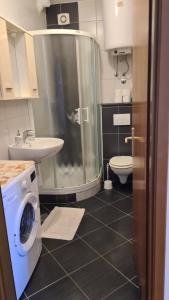 Apartments Ivanovski في راب: حمام مع دش وغسالة ملابس