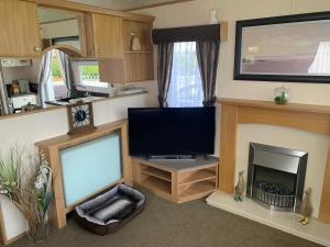 ein Wohnzimmer mit einem TV und einem Kamin in der Unterkunft B7 Millfields, Ingoldmells - 3 Beds, Ramp Access, Pet Friendly in Ingoldmells