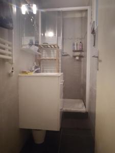 a white bathroom with a sink and a shower at Royaume des Cieux in Nice