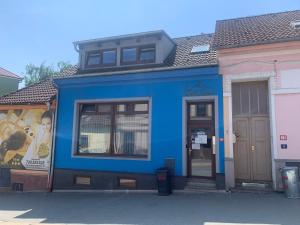 un bâtiment bleu avec une peinture sur son côté dans l'établissement Relax & Active Apartment Tábor, à Tábor