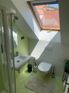 a bathroom with a sink and a toilet and a window at Relax & Active Apartment Tábor in Tábor