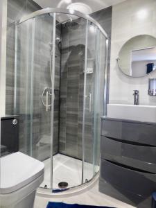 a bathroom with a shower with a toilet and a sink at Millies Holiday Home in Blackpool