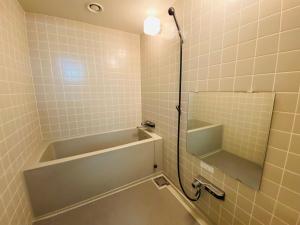 een badkamer met een bad en een spiegel bij ザ・ヴィレッジアルファ in Tomamu