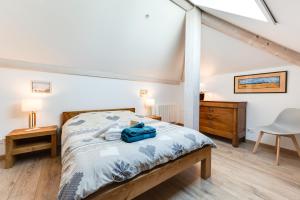 um quarto com uma cama, uma secretária e uma cadeira em Coquet T2. Exceptionnel entre lac et montagnes em Menthon-Saint-Bernard