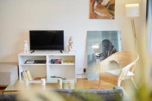 a living room with a tv on a white shelf at Duplex neuf 8 pers St Didier-Vaise-Lyon in Saint-Didier-au-Mont-dʼOr