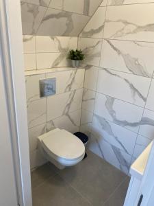 a bathroom with a white toilet and marble walls at Mega widok 5 in Szklarska Poręba