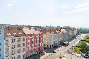an aerial view of a city street with buildings at Brand new studio apartment # 42 in brand new building with free parking in the center in Prague +2 photos