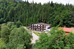 a large building in the middle of a forest at Resort 7 Crai - Cabana Craiul Crailor in Zărneşti +35 photos