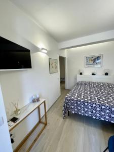 a bedroom with a bed and a flat screen tv at Salty Dreams Manarola in Manarola