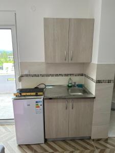 a kitchen with a white refrigerator and a sink at Apartments Flamida in Ulcinj