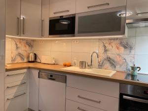 uma cozinha com um lavatório e um micro-ondas em Marina Apartman em Siófok