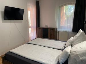 duas camas num quarto com uma televisão na parede em Marina Apartman em Siófok