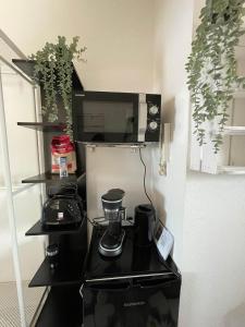 a kitchen with a stove and a microwave at Barbarosa 3 Zimmer Rüsselsheim Baucheim 105qm in Bauschheim +9 photos