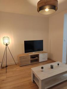 a living room with a flat screen tv and a coffee table at Moderne et chaleureux duplex en centre-ville in Saint-Jean-de-Védas