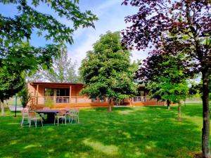 uma cabana de madeira com uma mesa e cadeiras na relva em Agriturismo Il Melograno em Villafranca di Verona