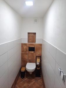 a bathroom with a toilet and brown and white tiles at Řehořův dům in Jihlava