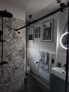 a bathroom with a shower and a toilet and a sink at ART STUDIO BNB in Craiova