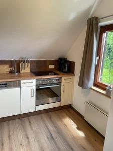 a kitchen with a stove and a window at SapplAlm in Millstatt