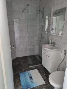 een badkamer met een douche, een wastafel en een toilet bij Apartman Nour in Konjic