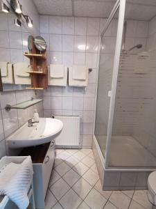 uma casa de banho com um lavatório, um chuveiro e um WC. em Pension Ginko em Wernigerode