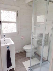 La salle de bains blanche est pourvue de toilettes et d'un lavabo. dans l'établissement Chalet cosy, plages à pieds. Morbihan., à Plouhinec